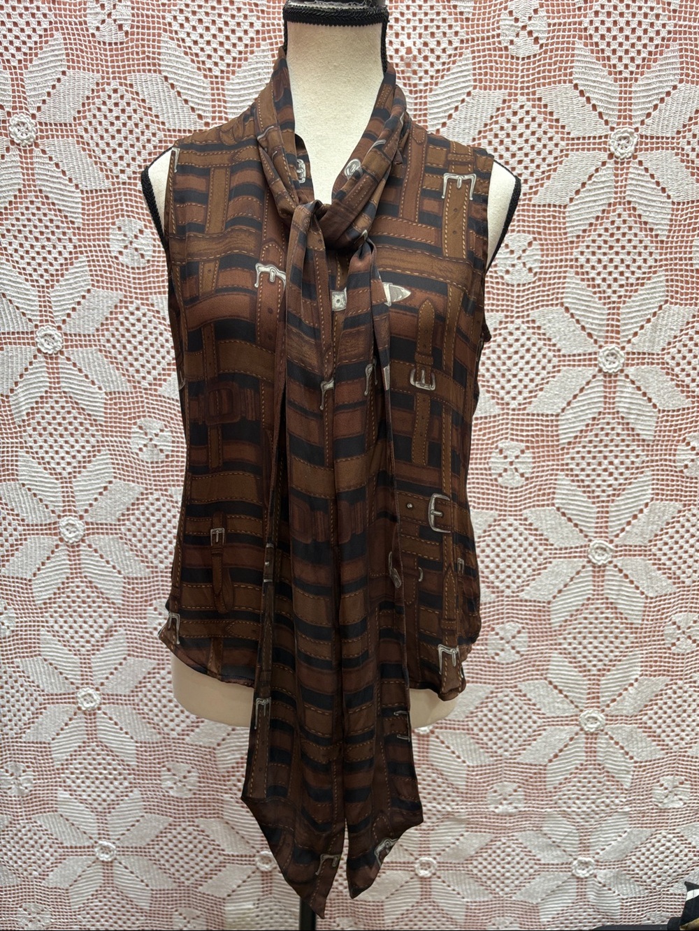 Lauren Ralph Lauren Equestrian Belt Print 100% Silk Blouse